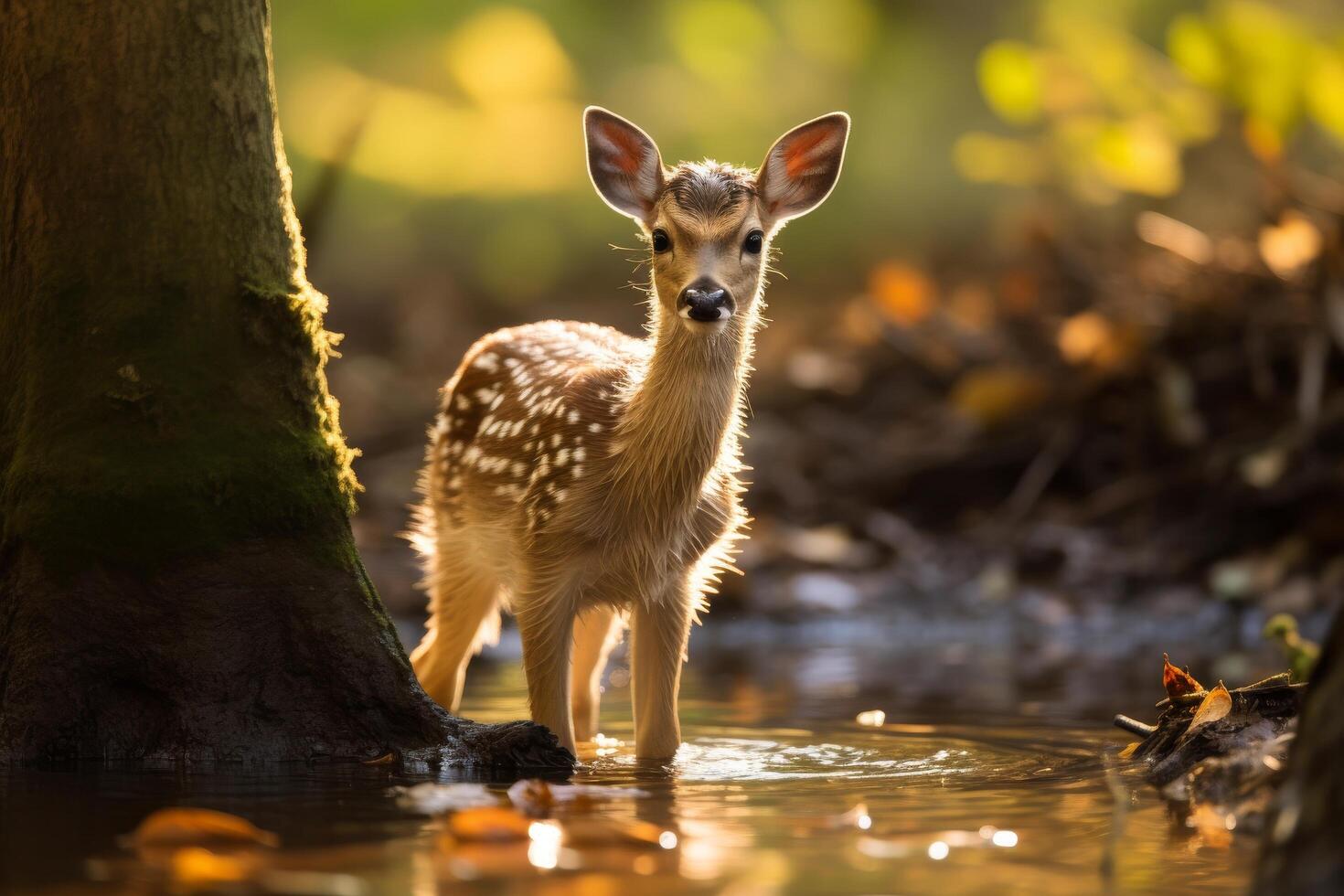 Curious deer standing in water photo