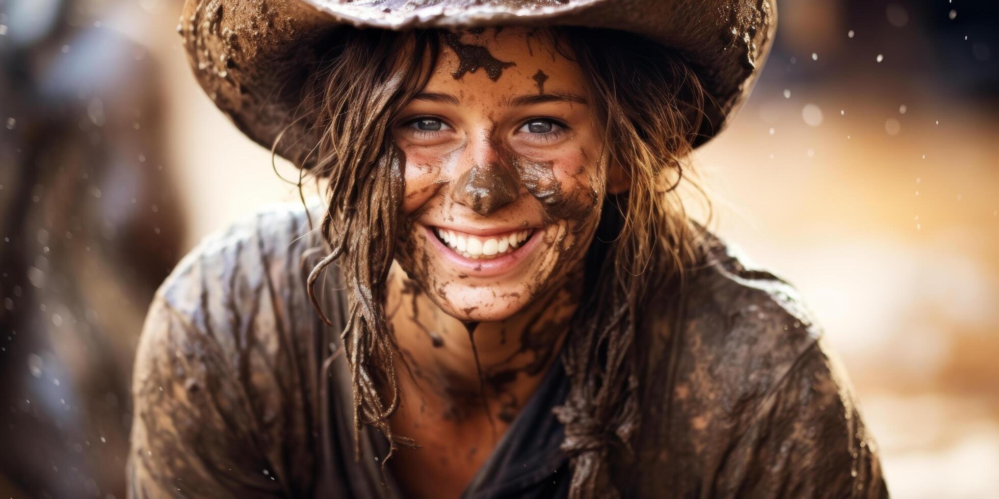 Smiling woman with mud on face in nature photo
