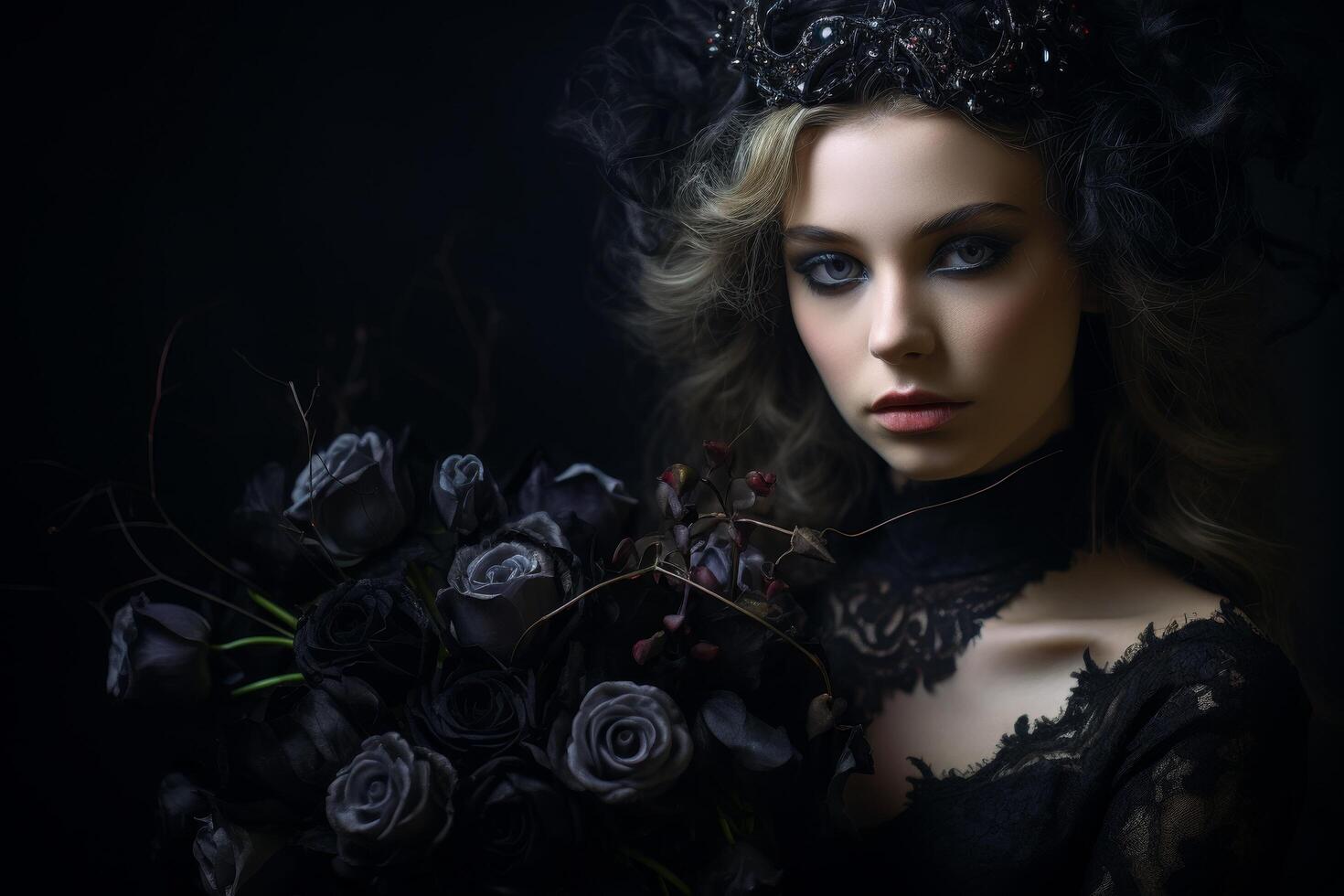 dark and mysterious woman with black roses photo