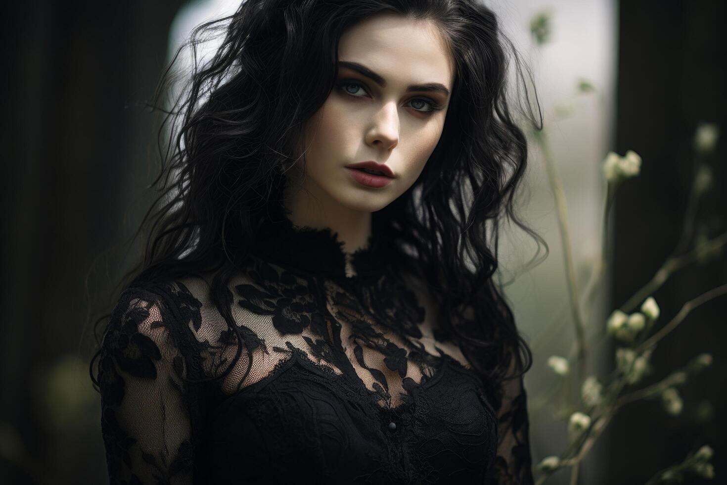 Mysterious woman with dark hair and intense gaze photo