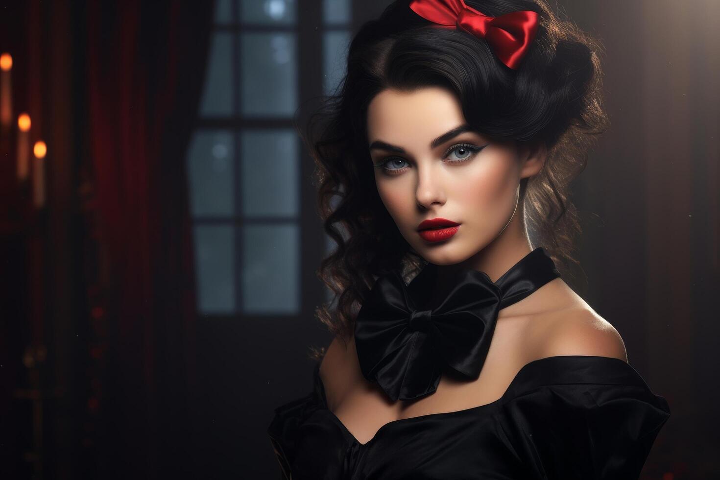 Glamorous woman in black dress with red bow photo
