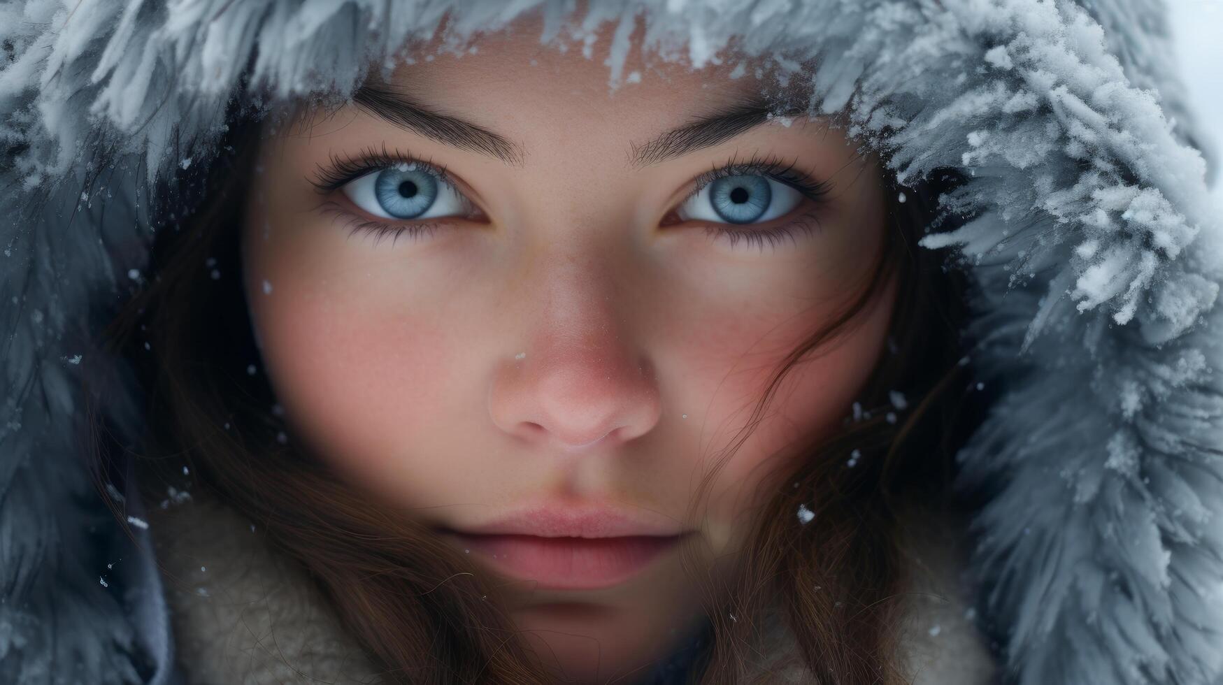 Closeup of a womans face in the snow photo