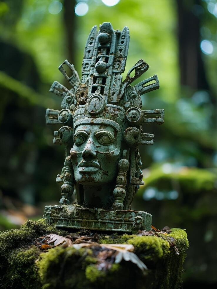 ancient mayan stone carving in lush forest photo