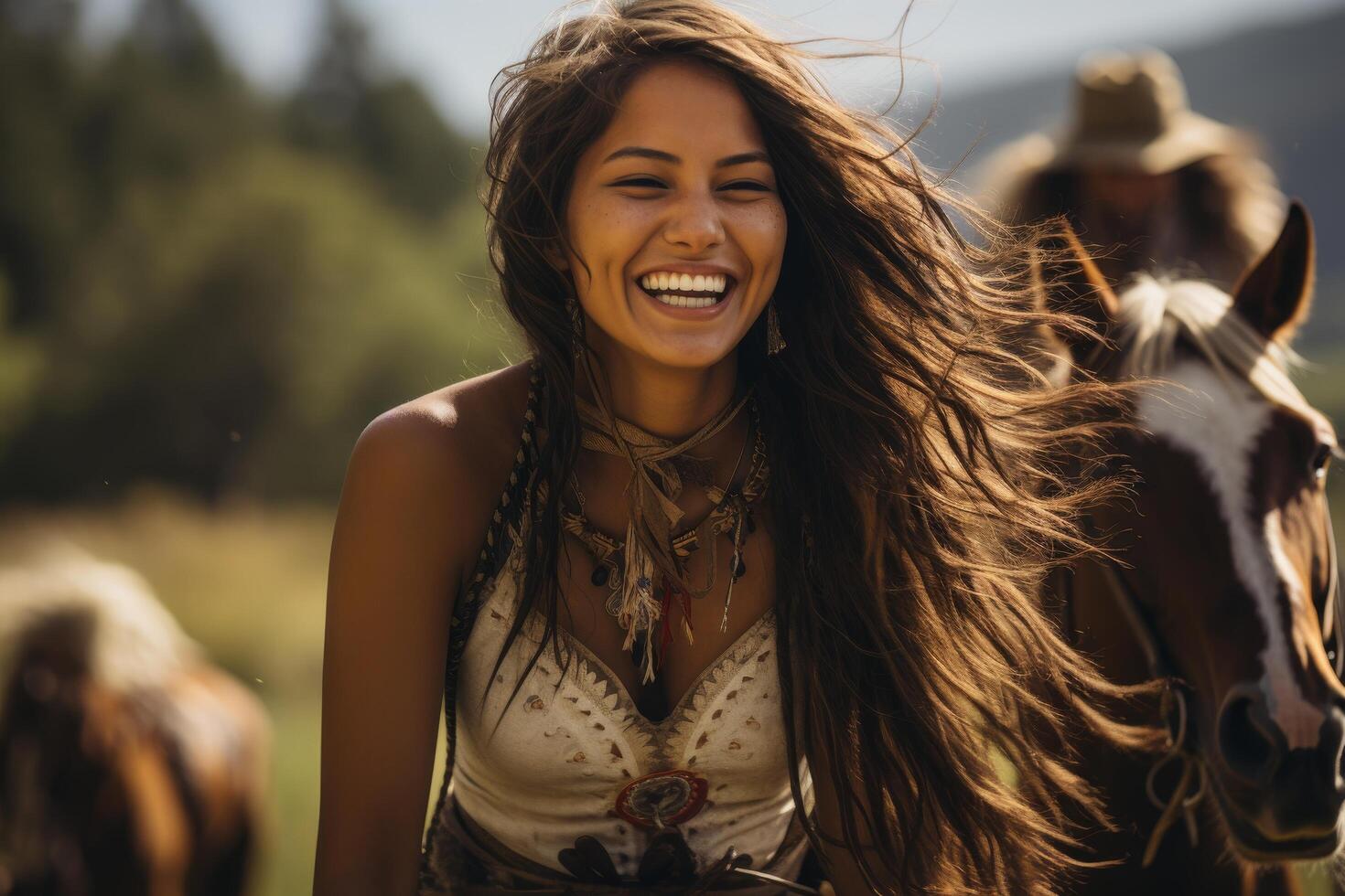 Joyful woman with flowing hair in nature photo