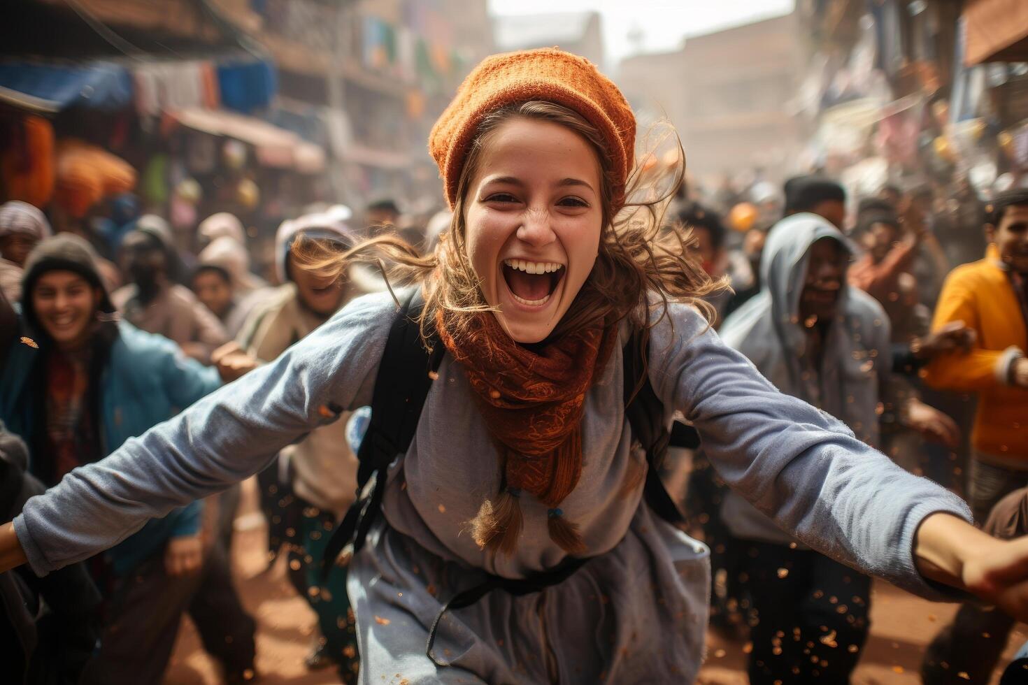 Joyful woman in crowd photo