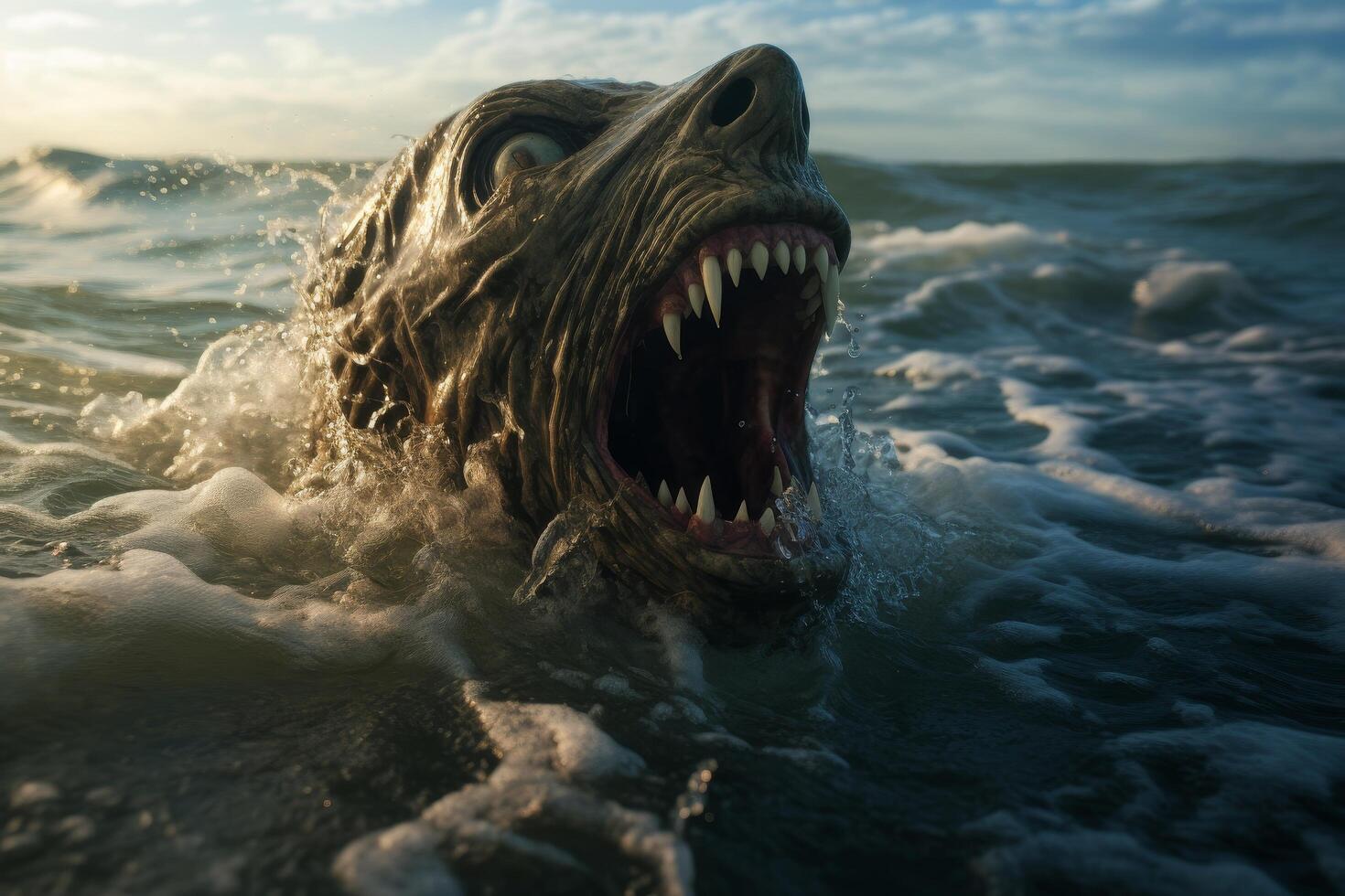 Terrifying sea monster emerging from the ocean photo