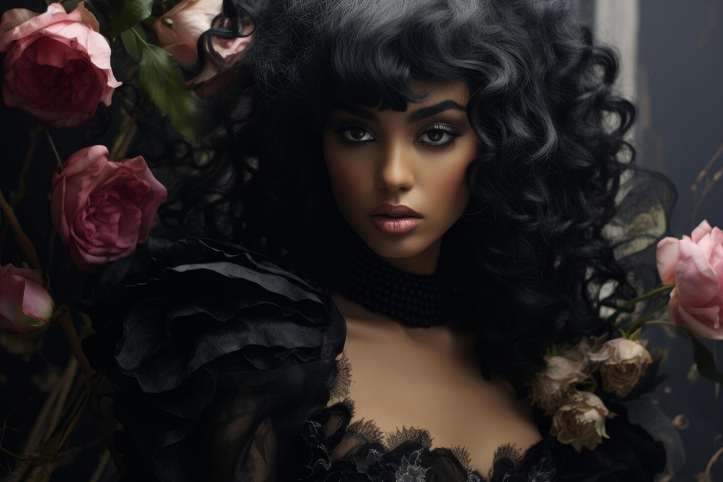 Mysterious woman with dark curly hair and dramatic makeup surrounded by pink roses photo