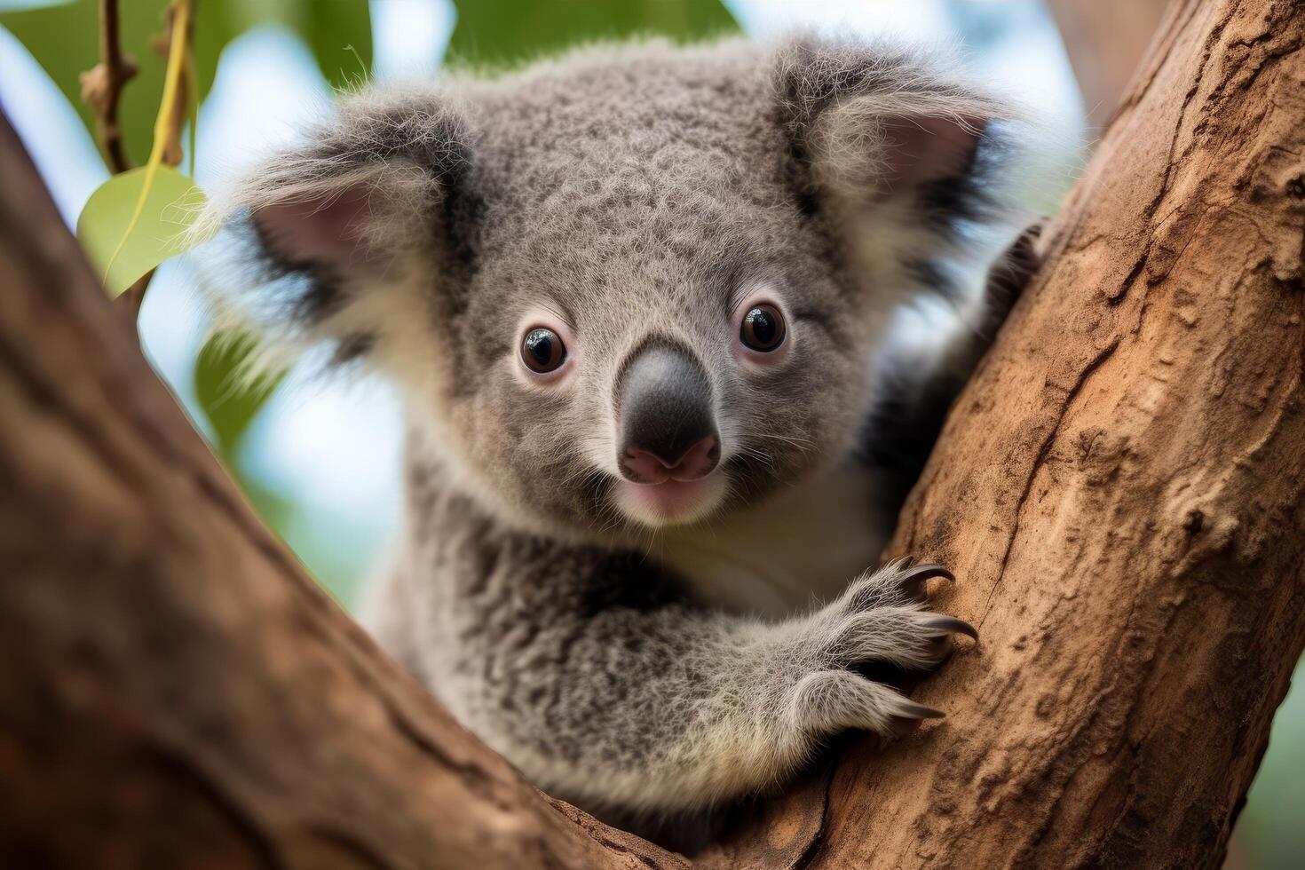 Adorable koala peeking out from tree photo
