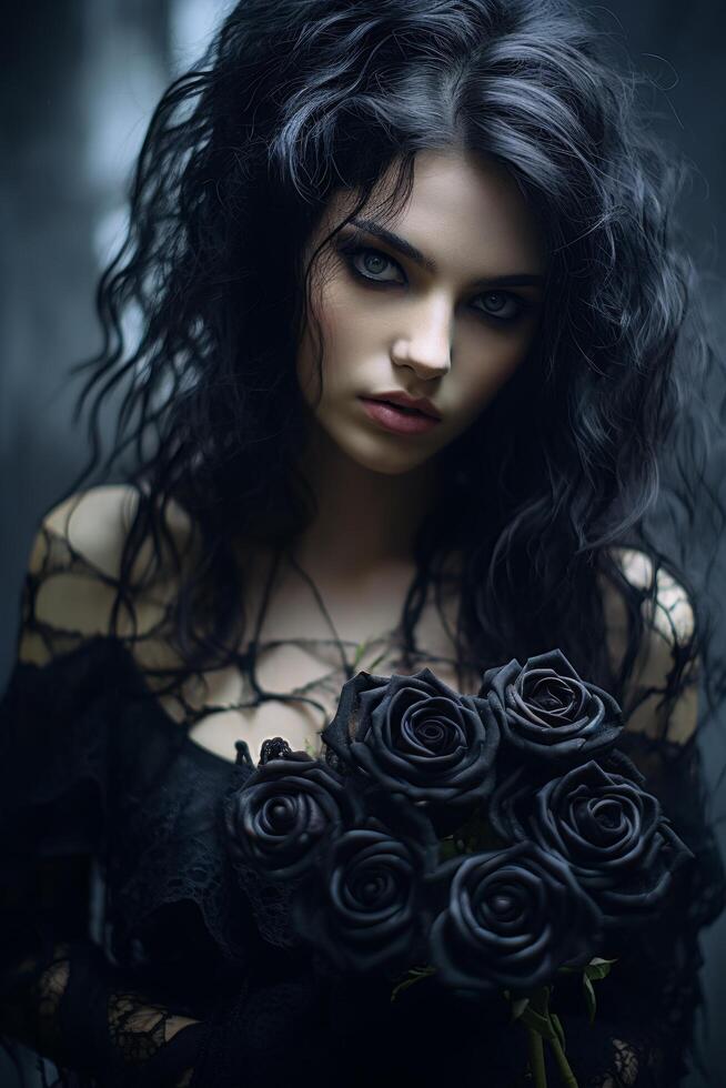 mysterious woman with dark roses photo