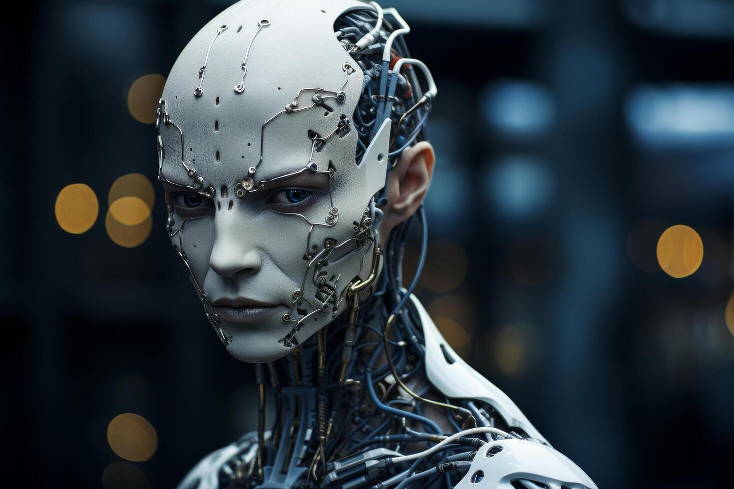 Futuristic robot with glowing blue eyes photo
