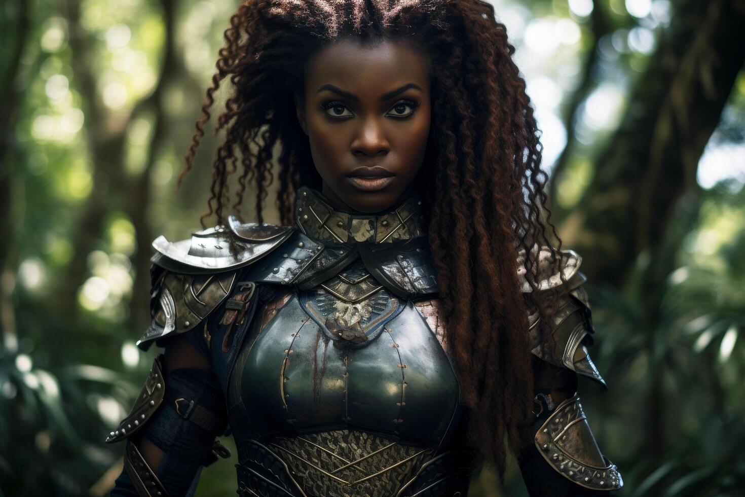 Fierce warrior woman in the forest photo