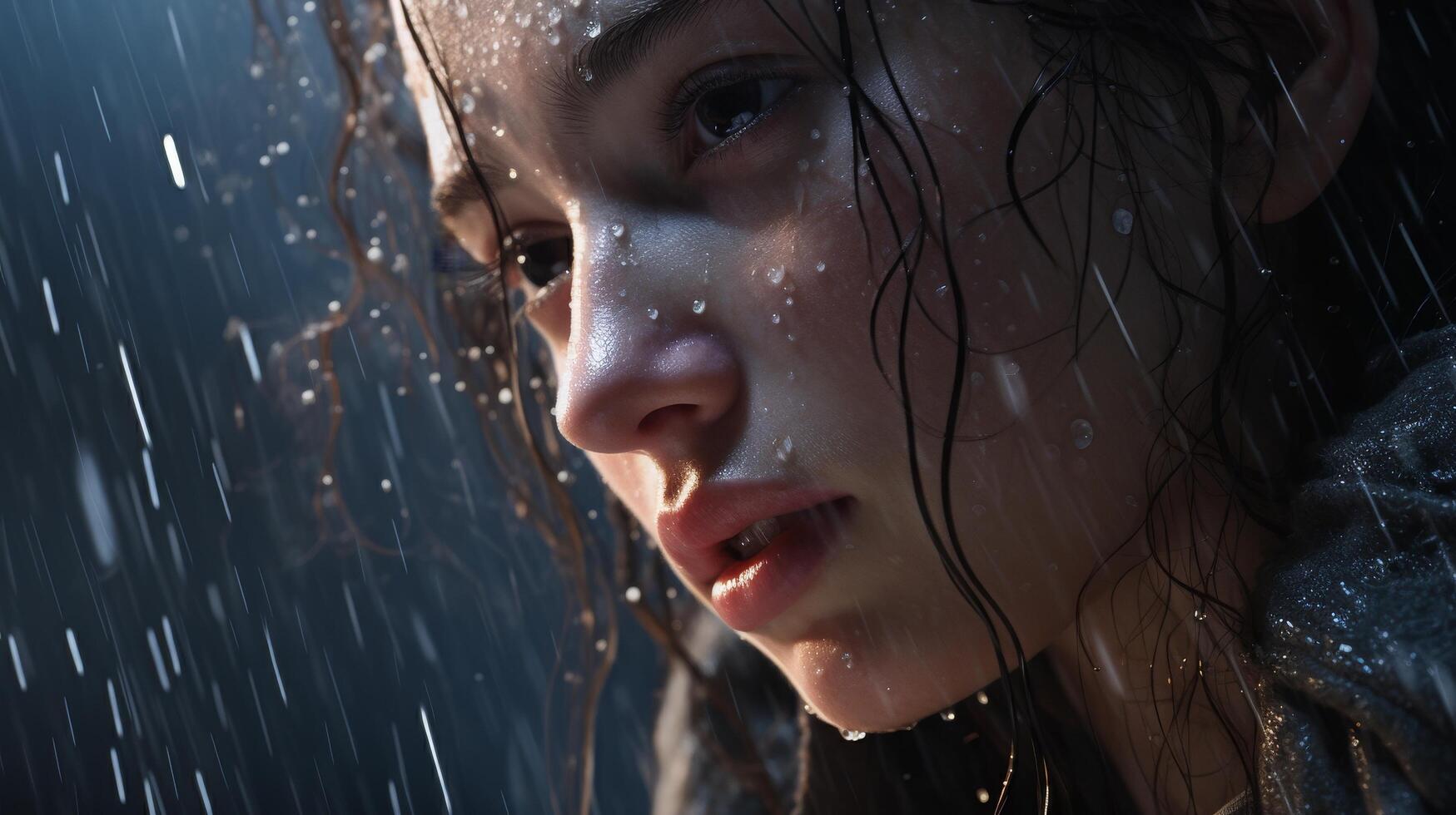 Pensive woman in the rain photo