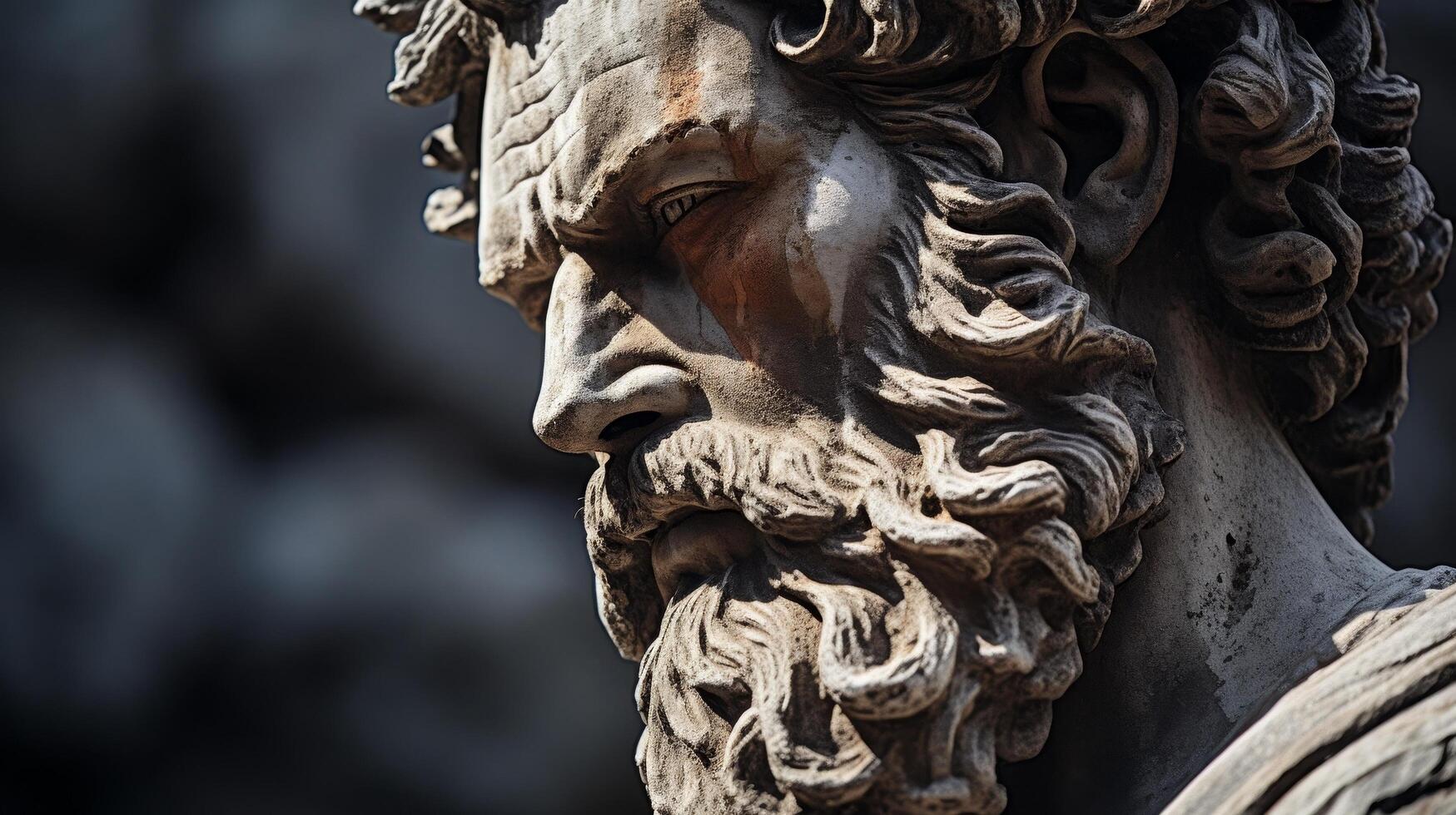 Weathered stone face sculpture with intricate details photo