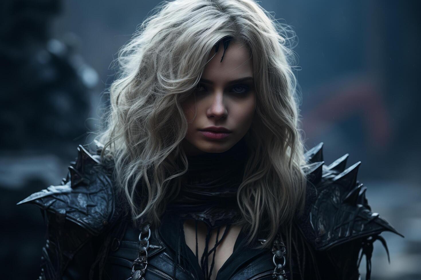 Fierce and mysterious woman in dark attire photo