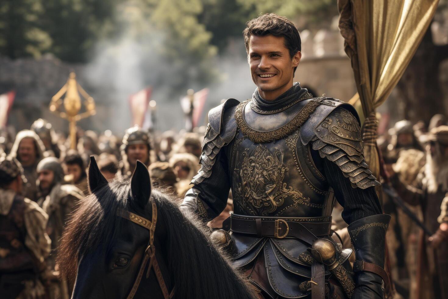 medieval knight on horseback leading army photo