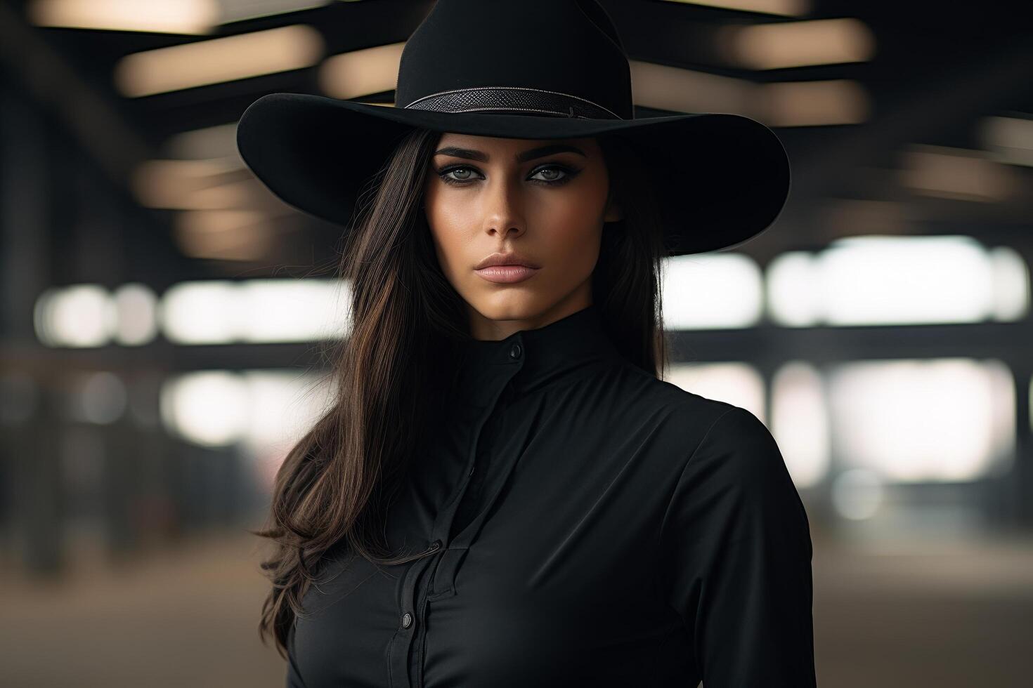 Mysterious woman in black hat and coat photo