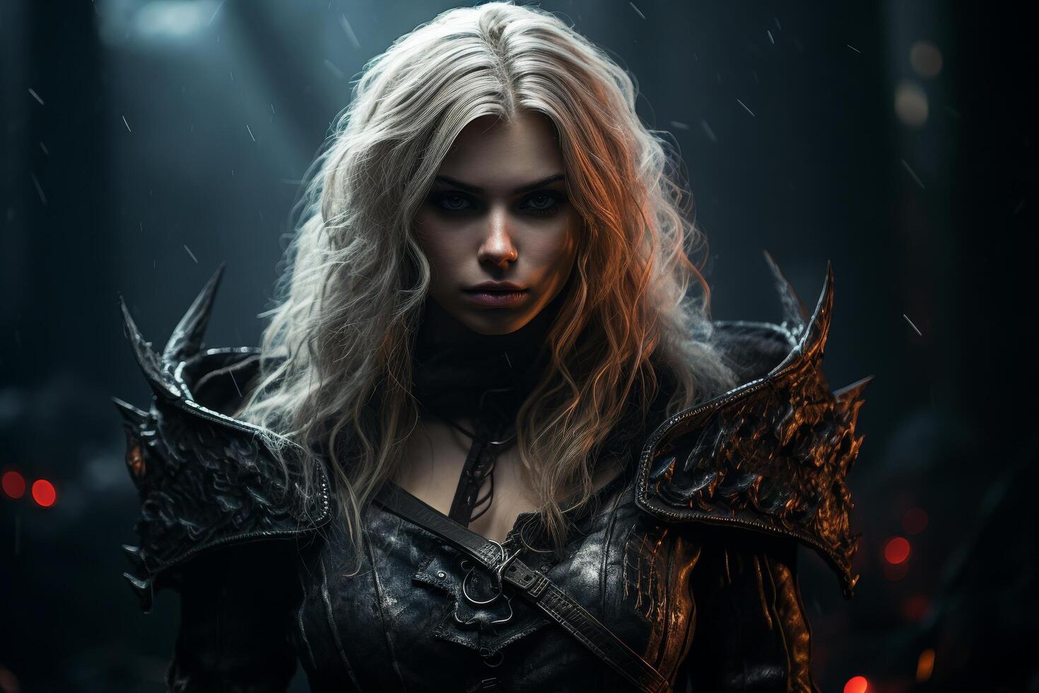 Fierce warrior woman with dramatic makeup and leather jacket photo