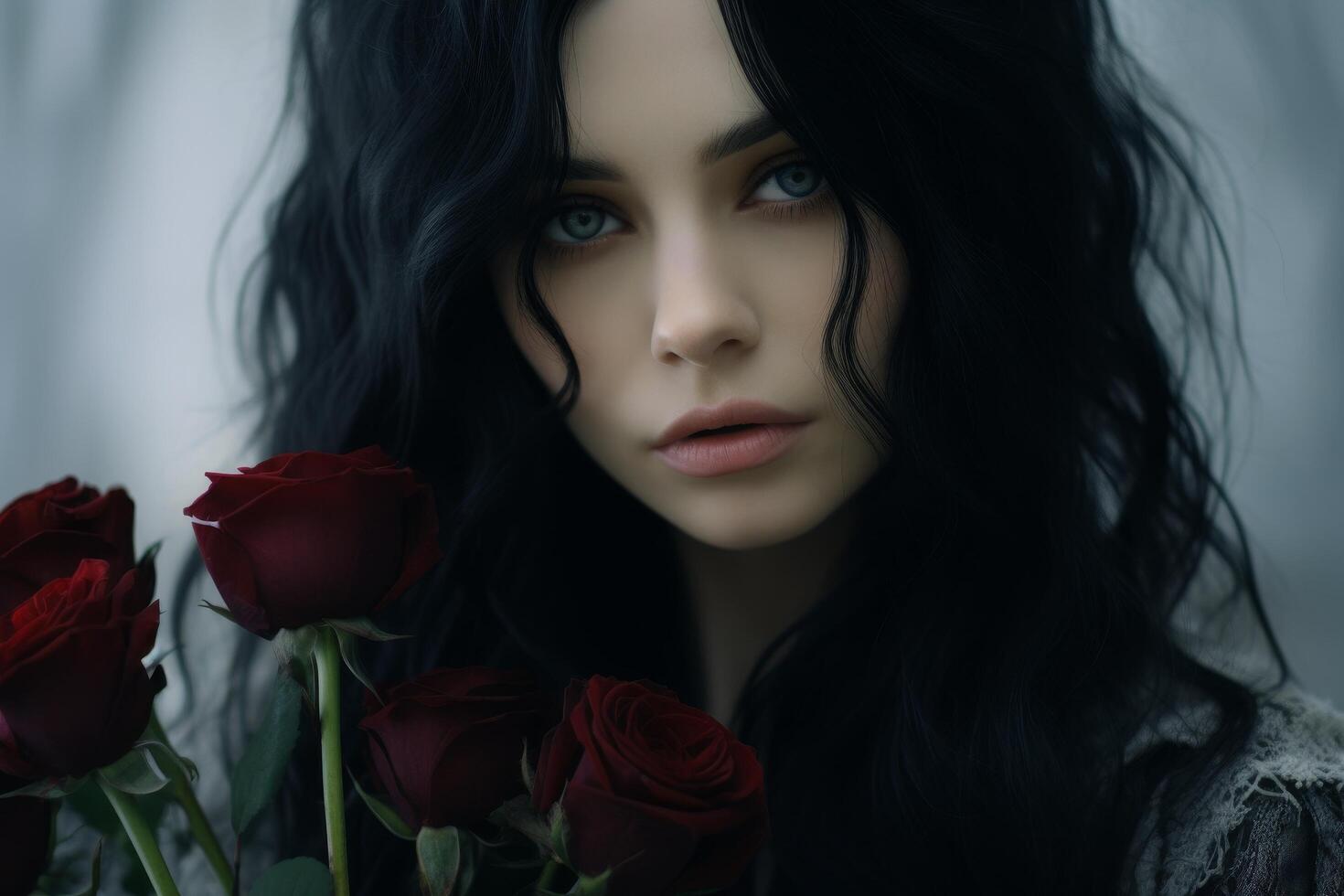 Mysterious woman with dark hair holding red roses photo