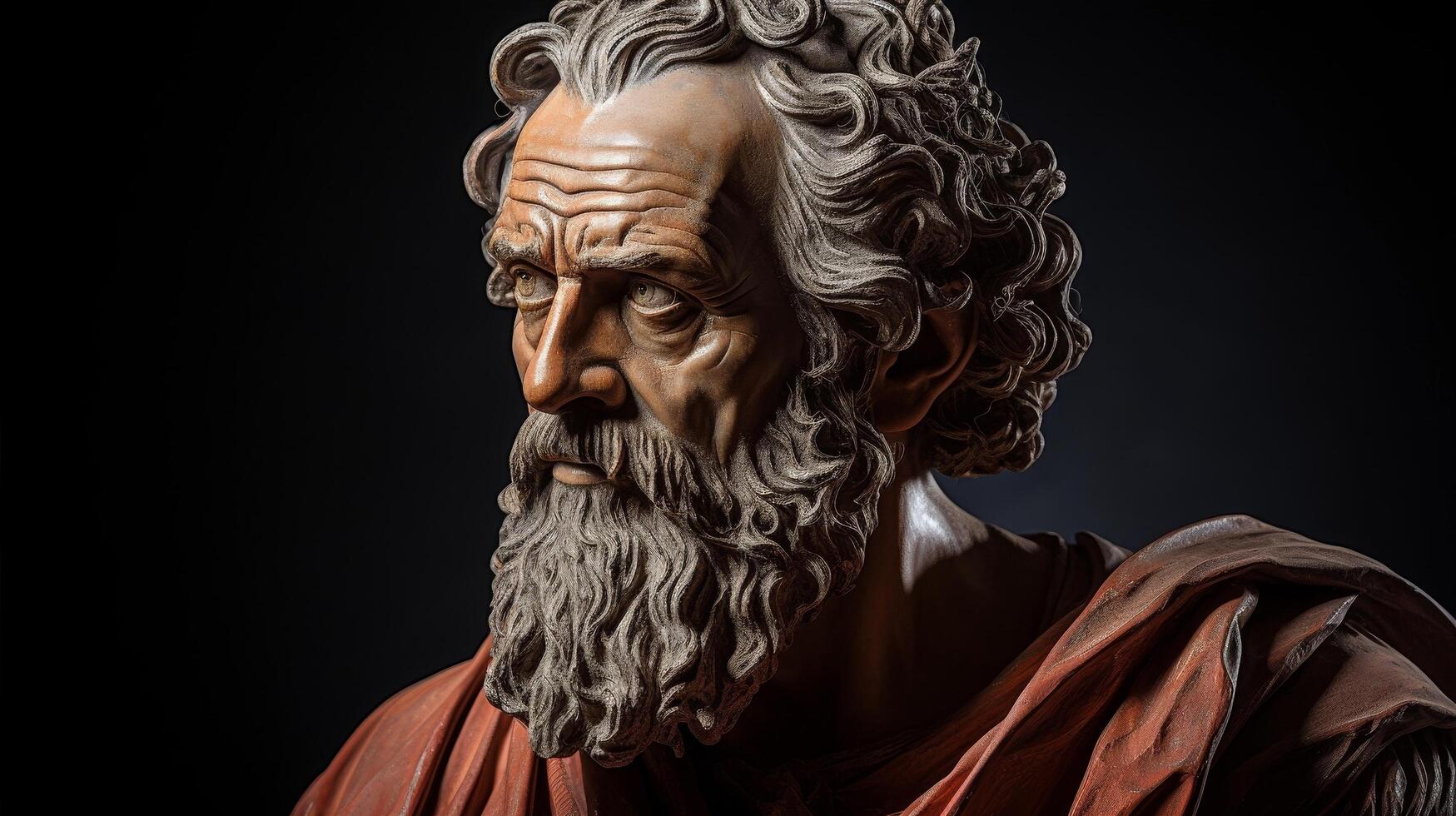 Dramatic portrait of an elderly man with a long beard and curly hair photo