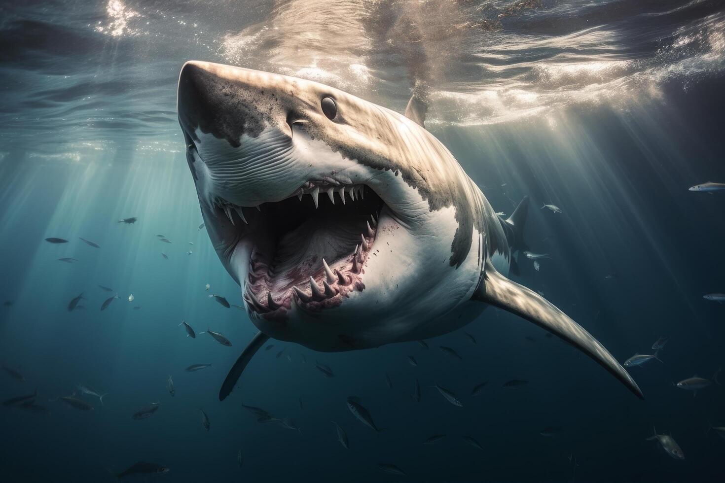 Fearsome great white shark with open jaws underwater photo