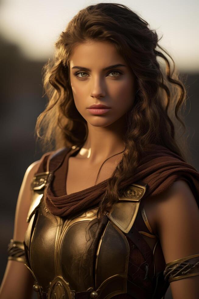 Fierce female warrior in golden armor photo