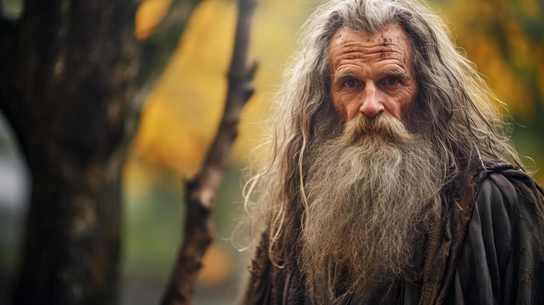 Rugged bearded man in the forest photo