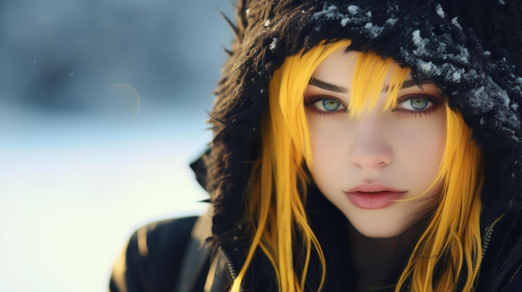 Mysterious woman with yellow hair and blue eyes in winter photo