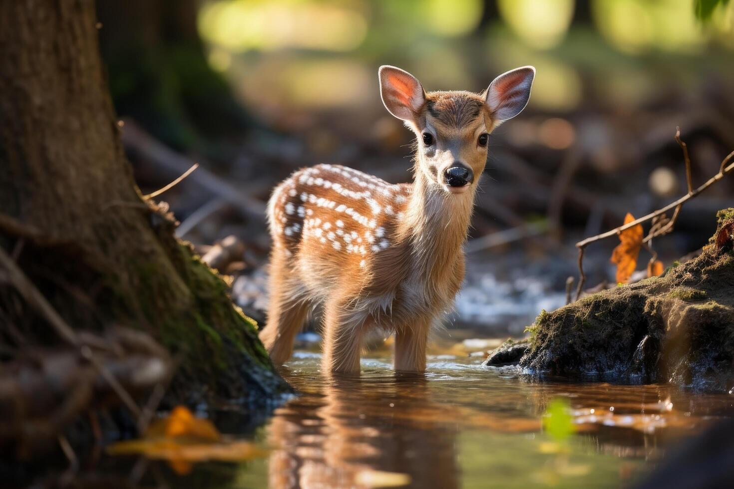 Adorable young deer standing in a forest stream photo