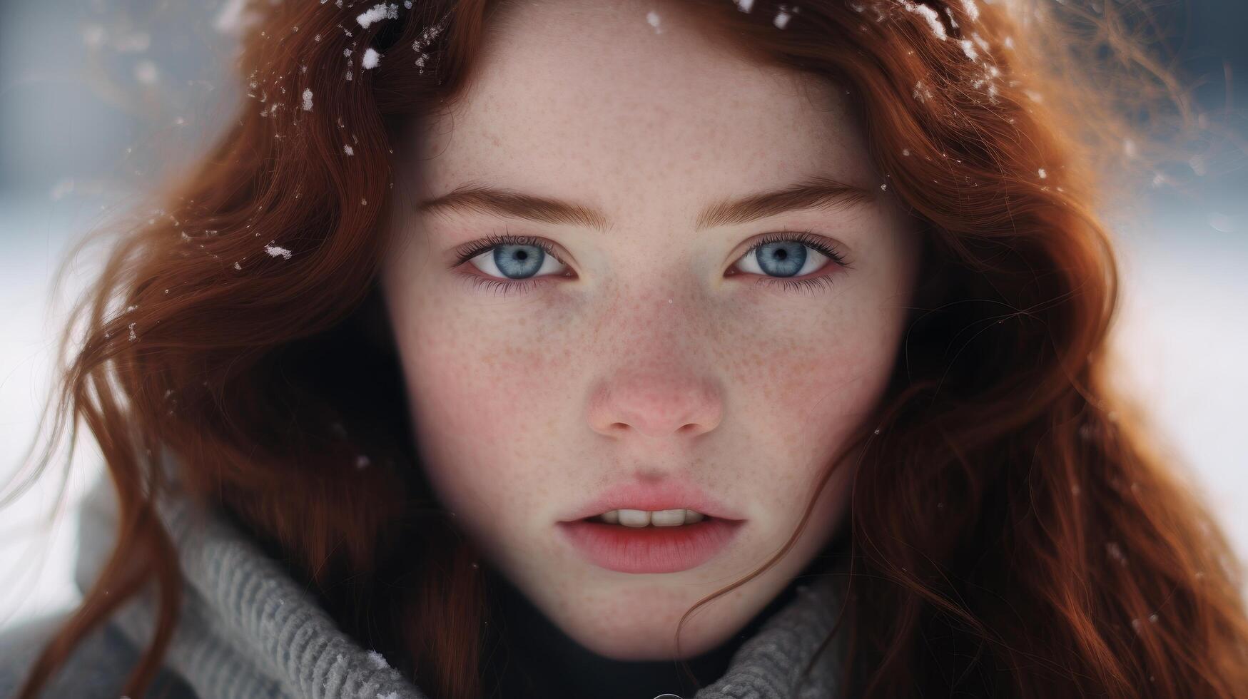 portrait of a young woman with red hair and blue eyes in the snow photo