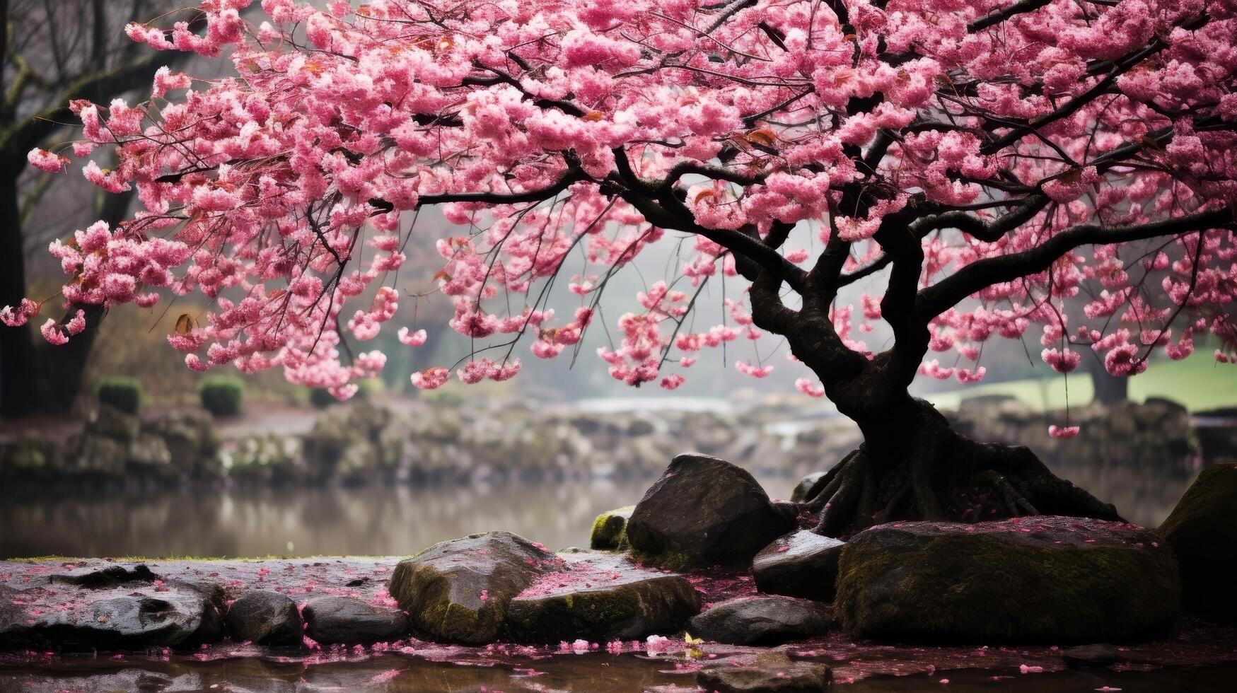 Stunning cherry blossom tree by tranquil pond photo