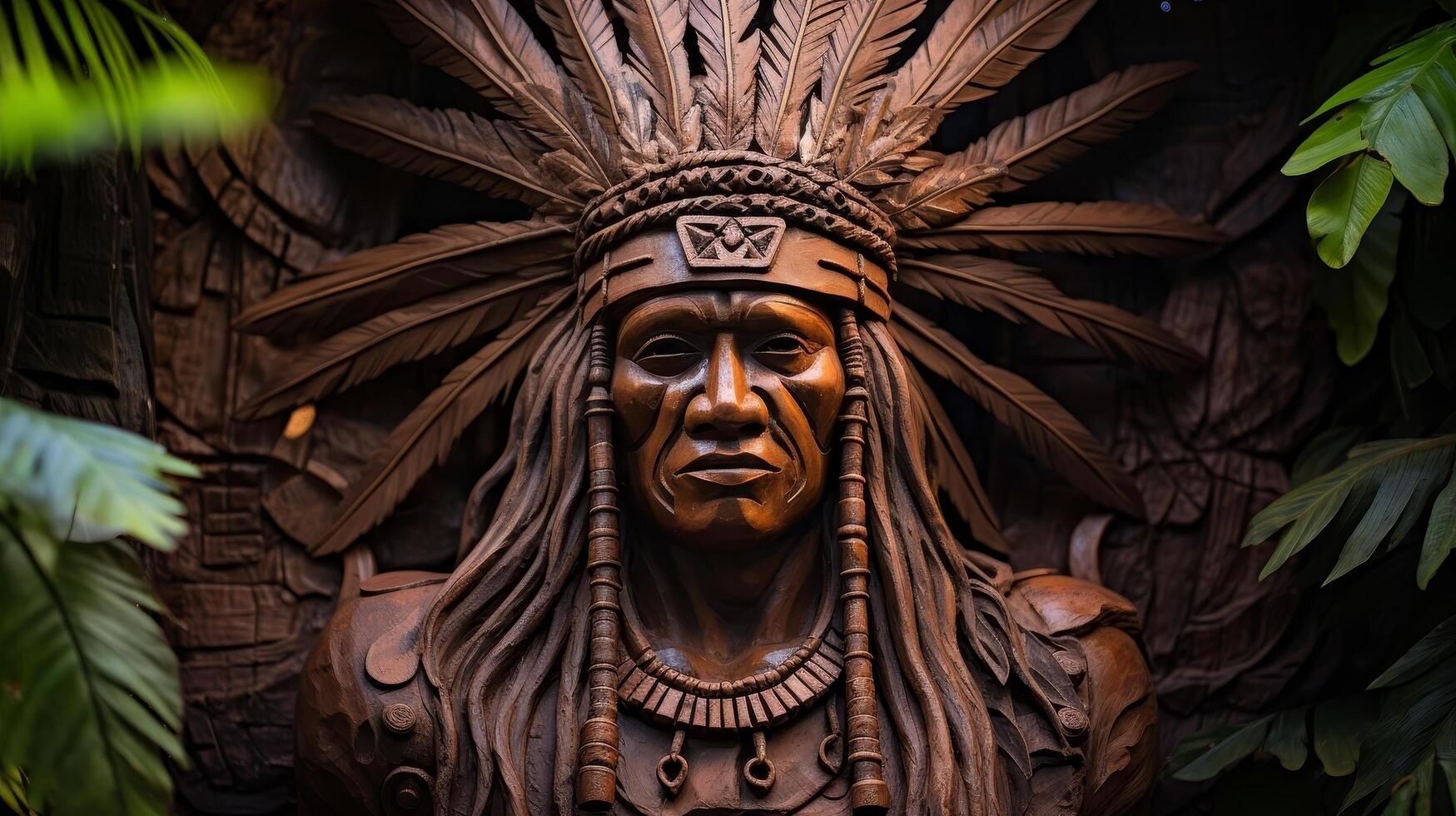 Detailed wooden carving of indigenous tribal chief photo