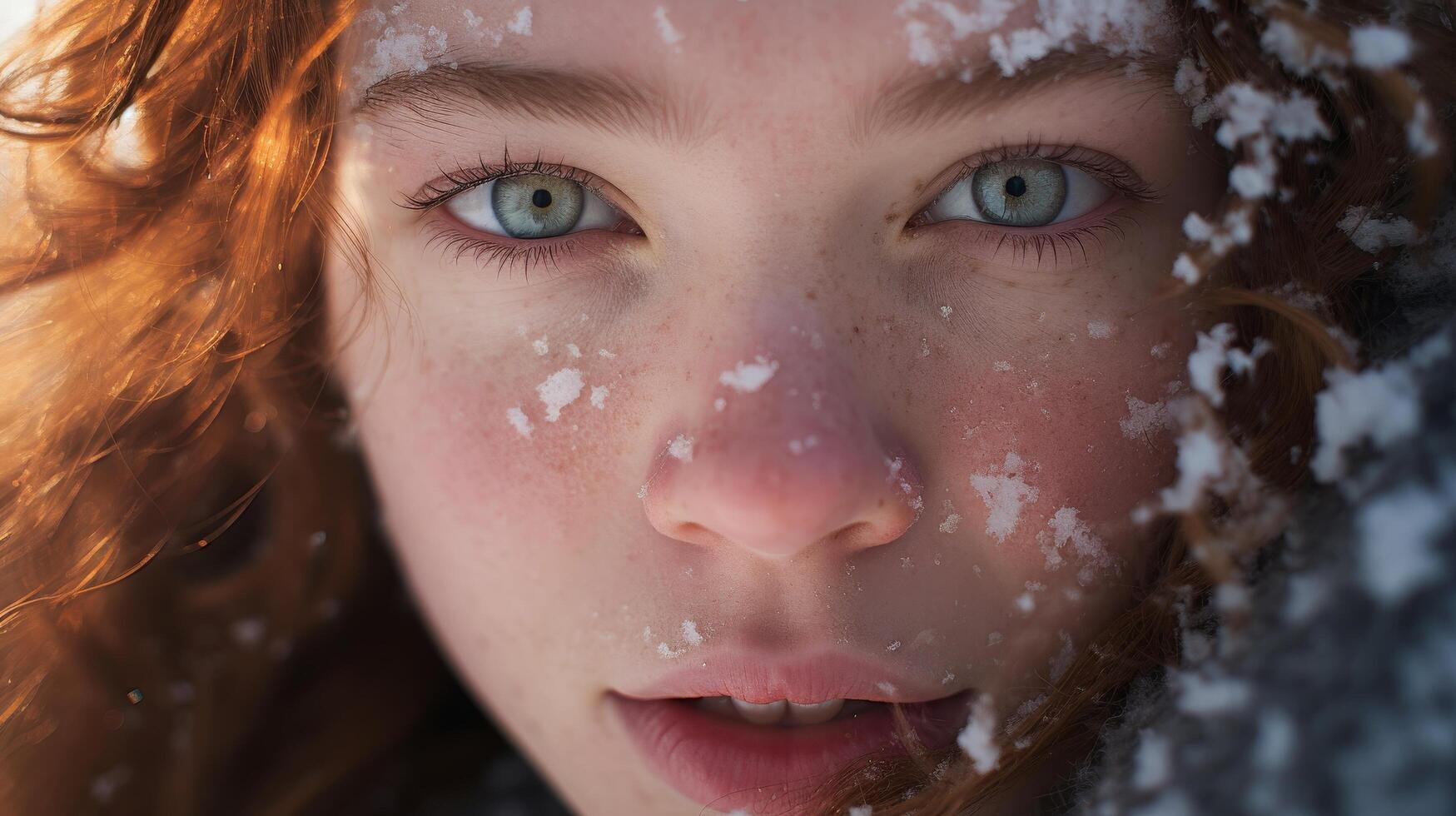 Closeup portrait of a young child with vibrant red hair and striking blue eyes in a snowy winter setting photo
