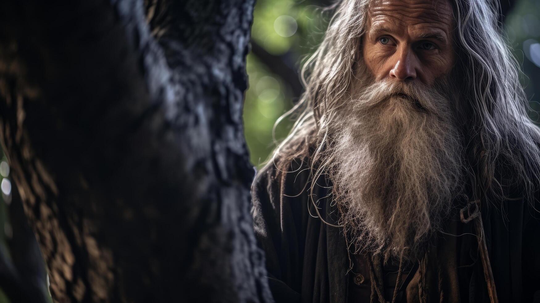 Wise old man with long beard in forest photo