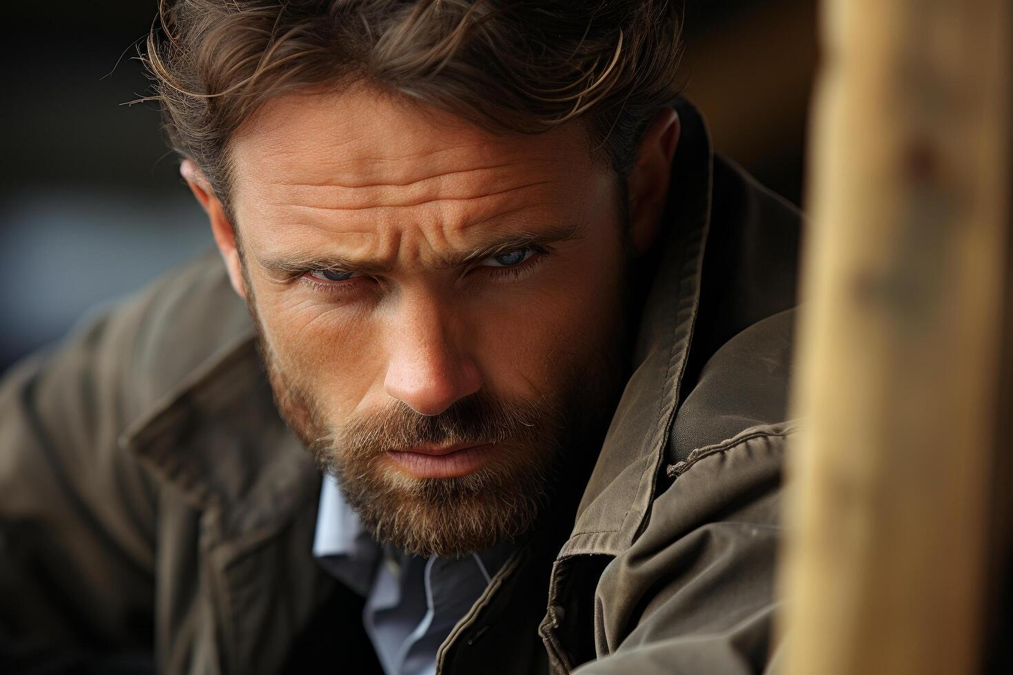 Rugged and determined man with beard and intense gaze photo