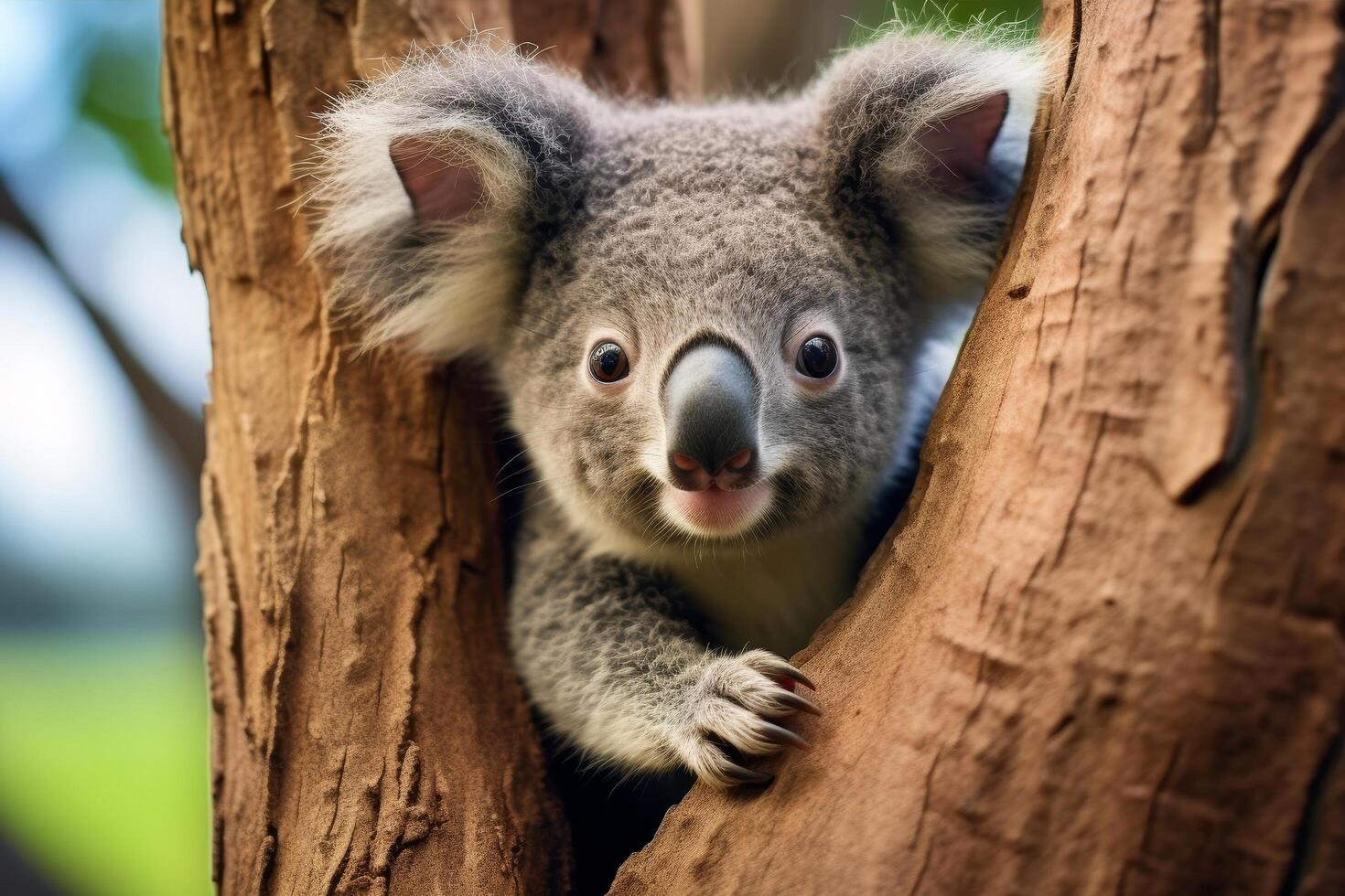 Curious koala peeking out from tree photo