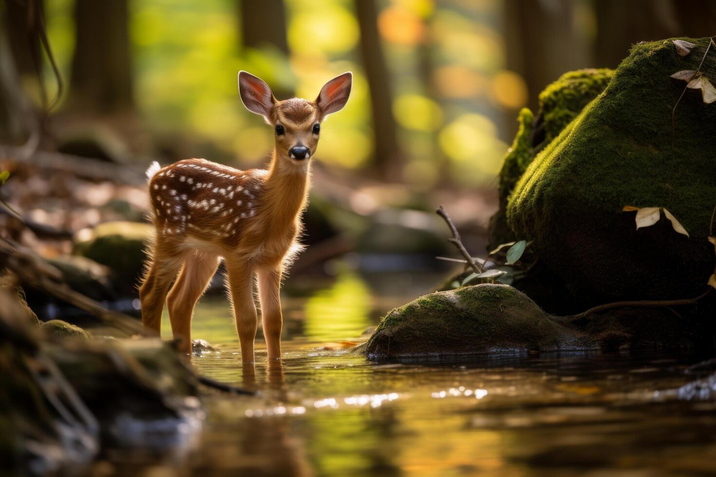 Curious deer standing in forest stream photo