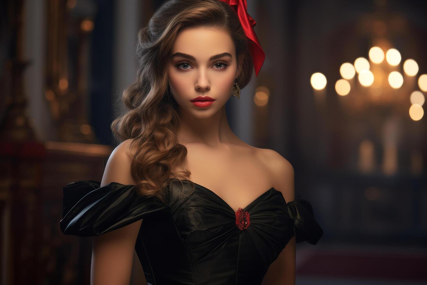Elegant woman in black dress with red accessories photo