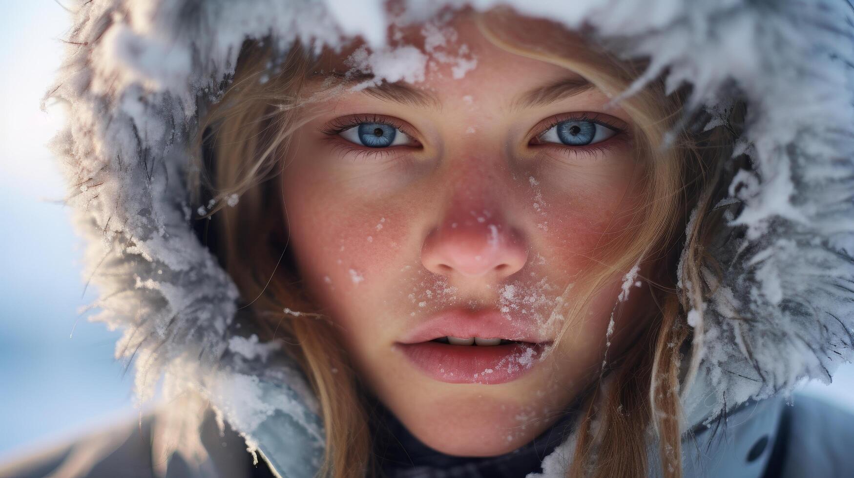 Closeup of a womans face in the snow photo