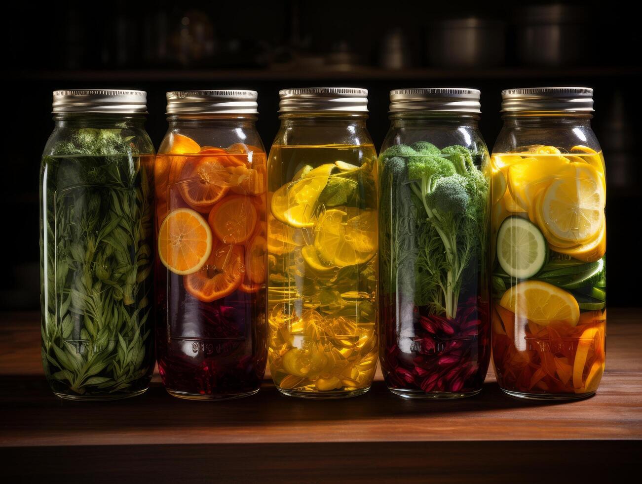 Assortment of homemade infused water in mason jars photo