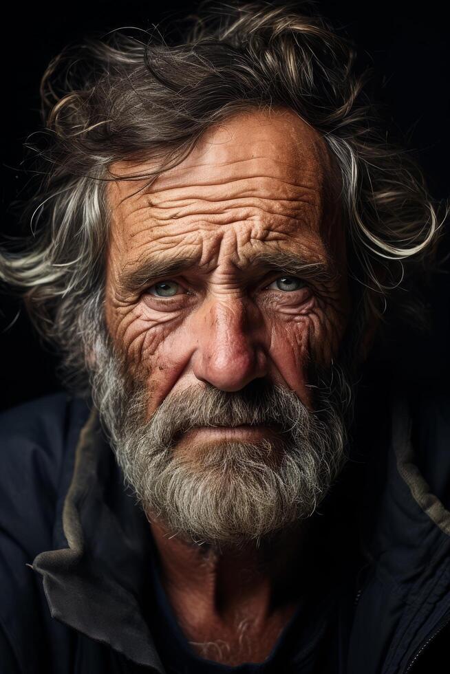 Weathered face of an elderly man with a long beard photo