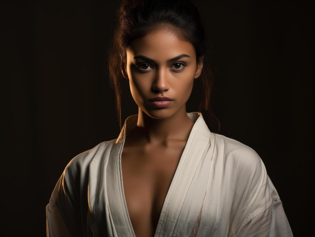 Powerful and confident woman in white robe photo
