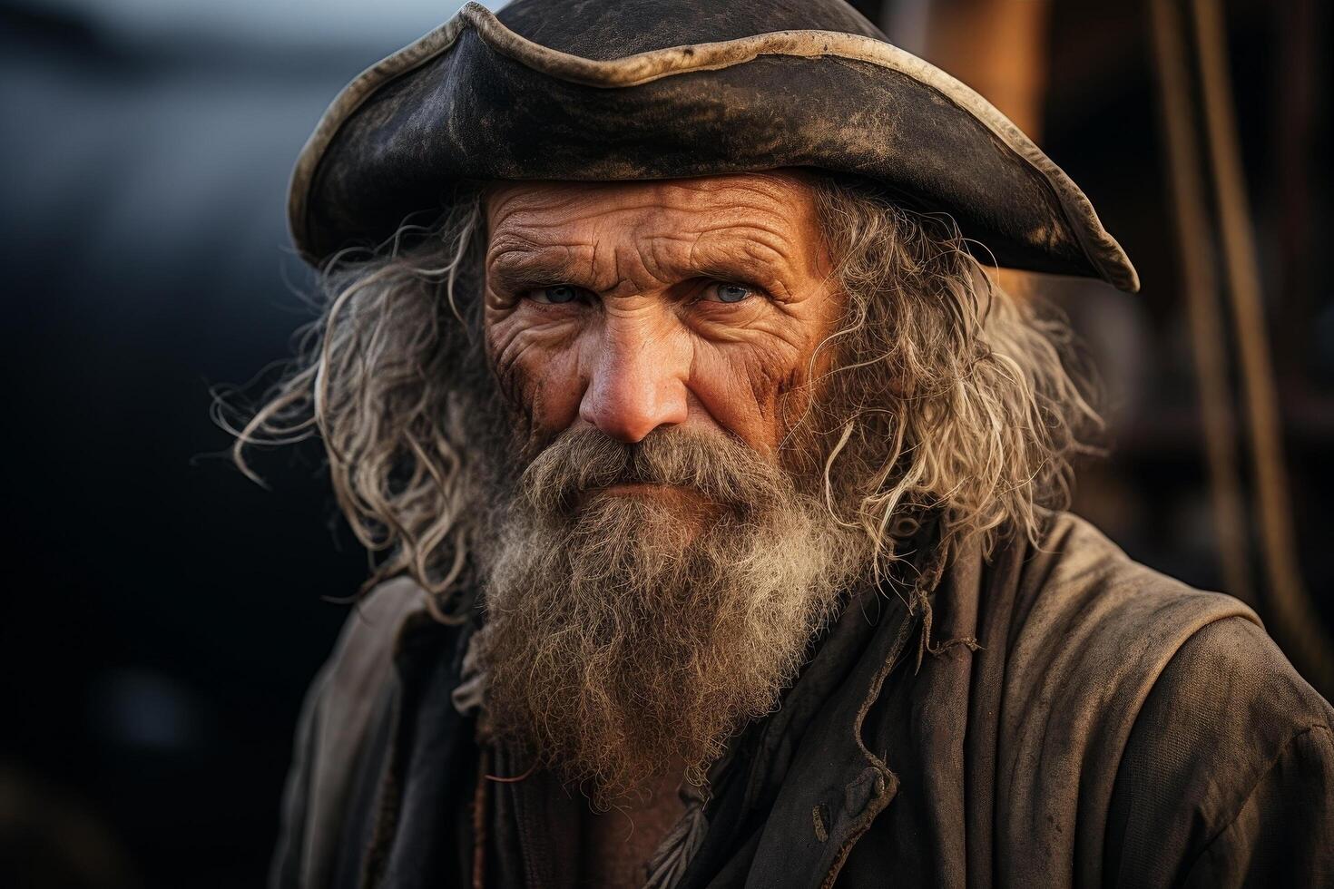 Weathered face of an elderly man with a long beard and hat photo