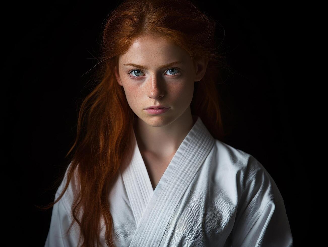 Serious young woman in martial arts uniform photo