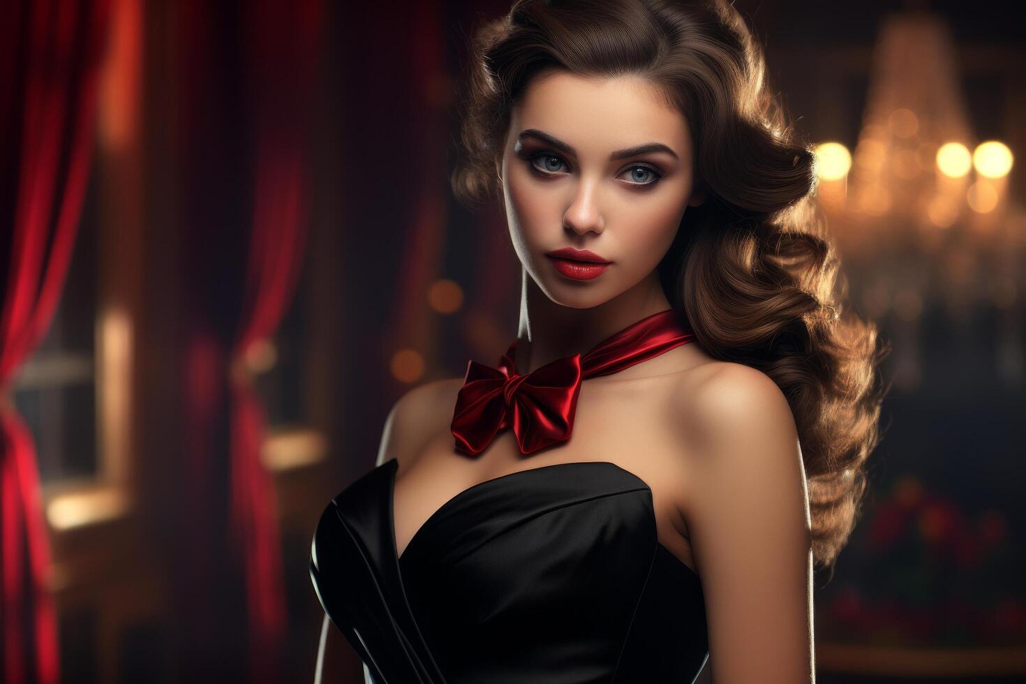 Glamorous woman in black dress with red bow photo