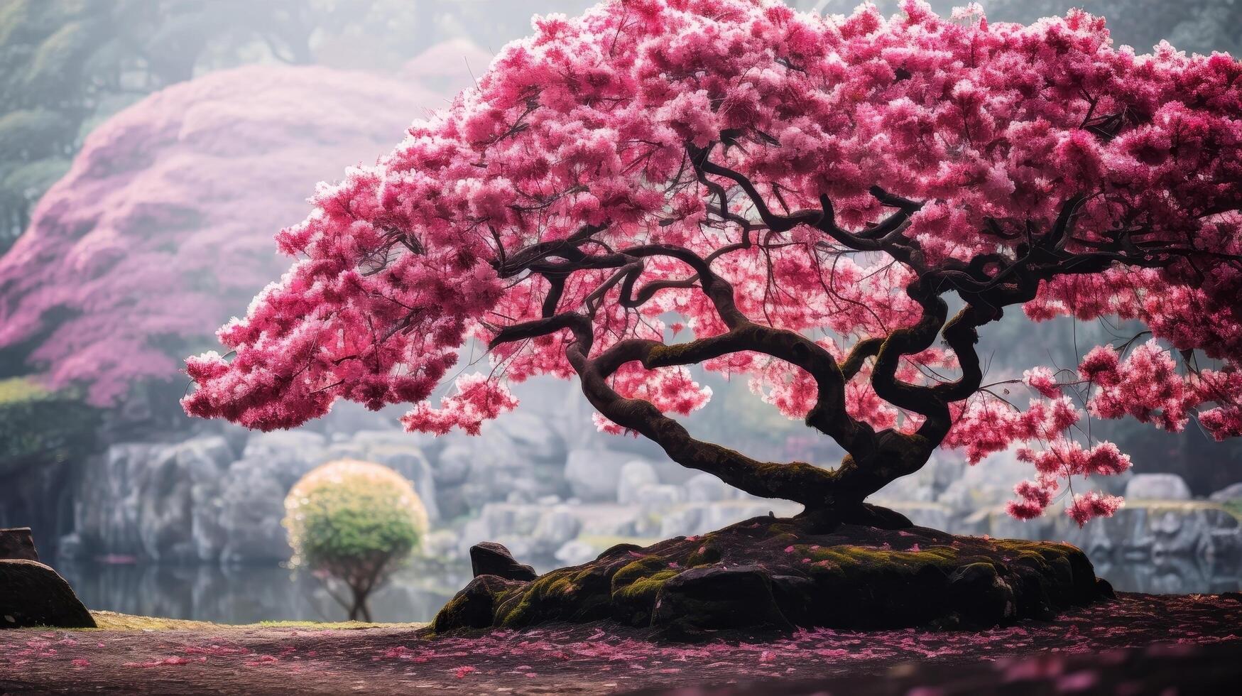 Vibrant cherry blossom tree in serene landscape photo