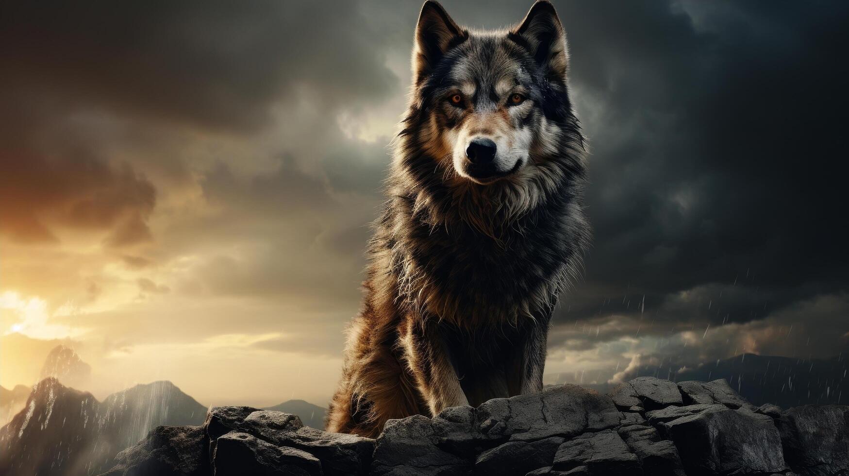 Majestic wolf on rocky mountain peak photo