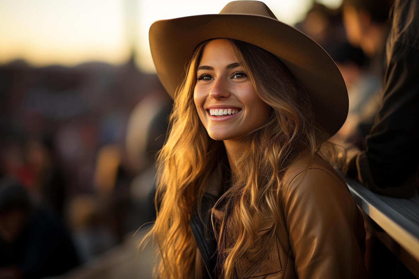 Smiling woman in hat enjoying sunset photo