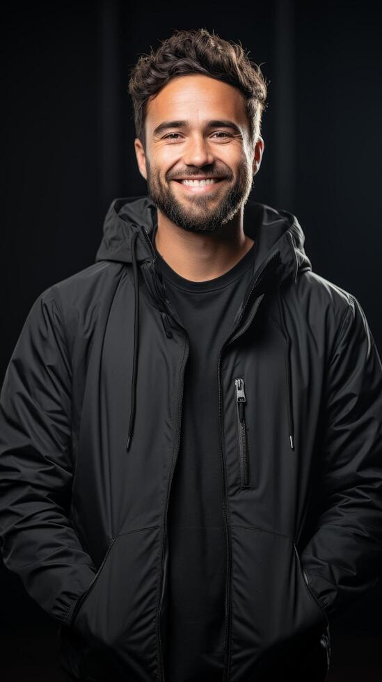 Smiling man in black jacket photo