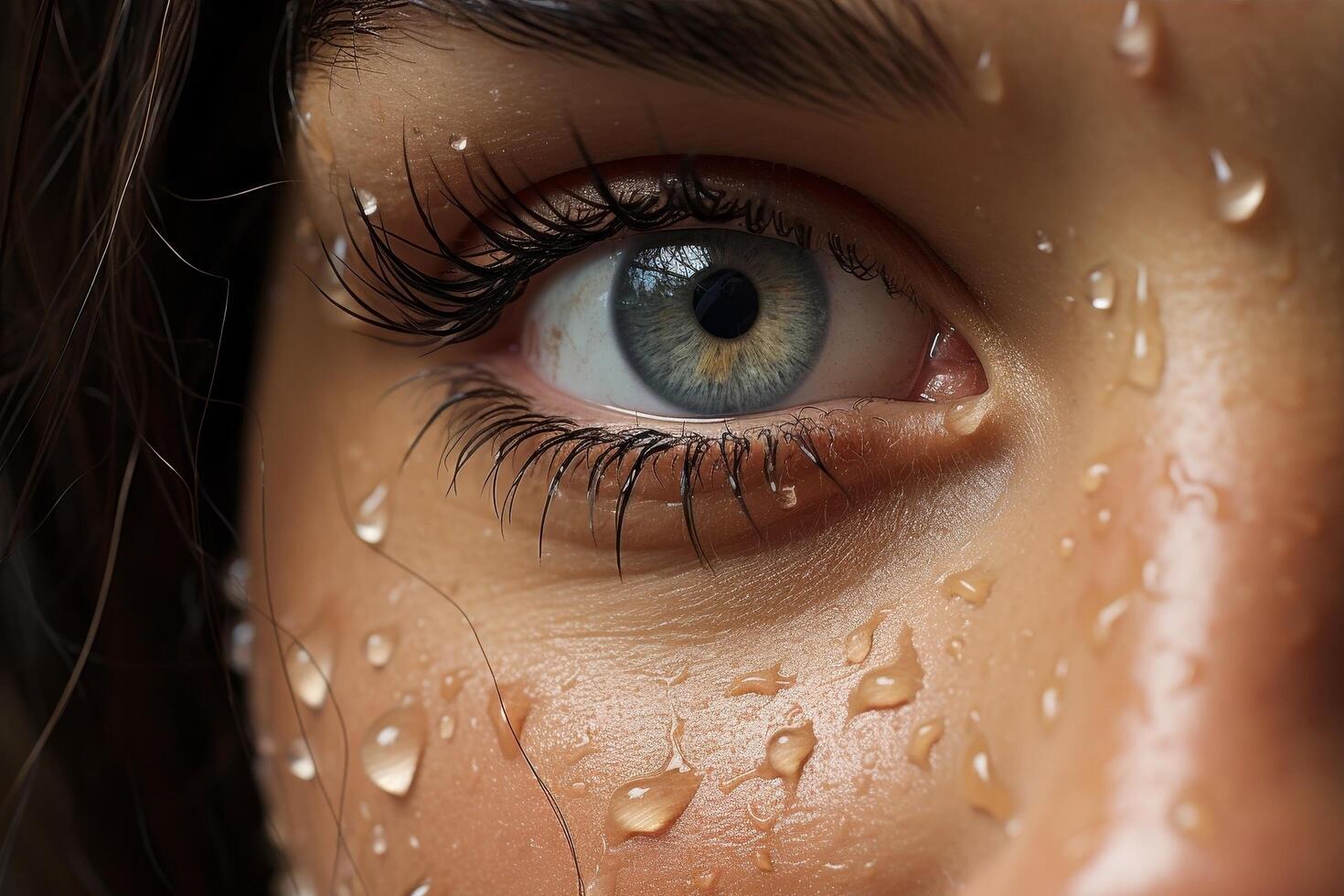 Close up of a human eye with long eyelashes and water droplets photo