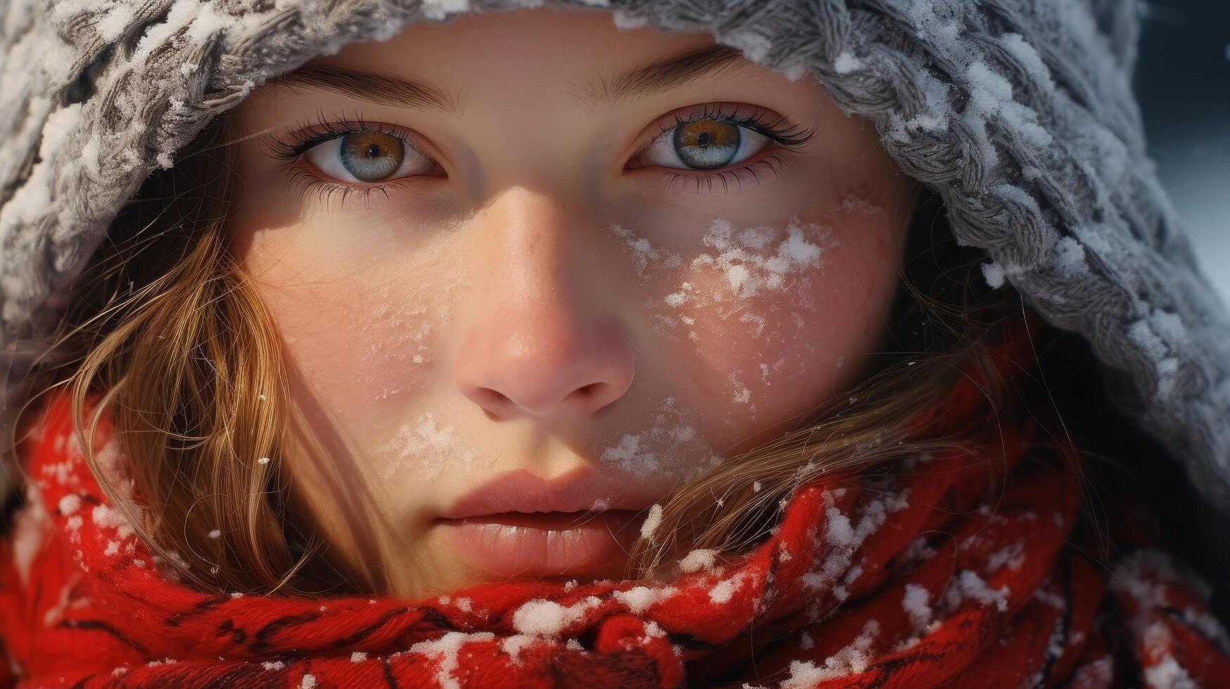 Closeup of a persons face in the snow photo